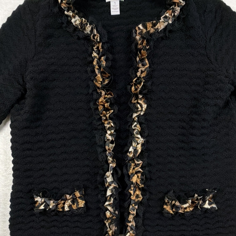 Chicos Black Textured Knit Jacket Leopard Print Trim Hook Eye Cardigan size 1 - Picture 2 of 8